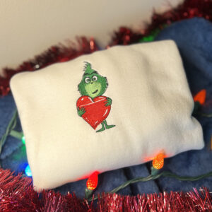 Cute Grinch Embracing Heart Embroidered Sweatshirt