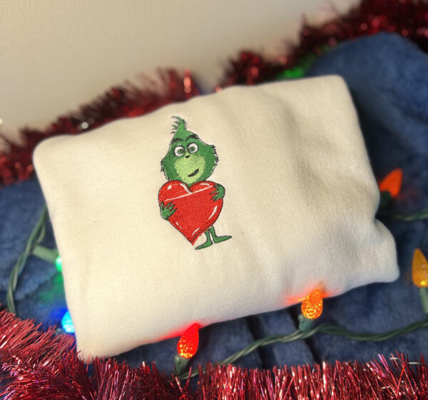 Cute Grinch Embracing Heart Embroidered Sweatshirt