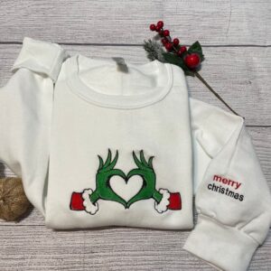 Grinch Heart Merry Christmas Embroidered Sweatshirt