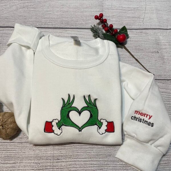 Grinch Heart Merry Christmas Embroidered Sweatshirt