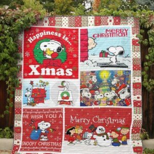 Merry Christmas Snowman And Snoopy Funny Cartoon Red Quilted Blanket