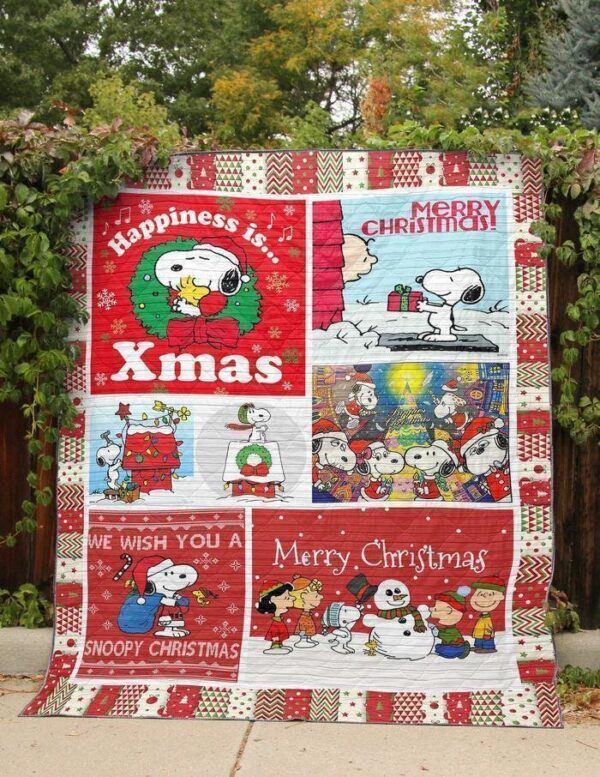 Merry Christmas Snowman And Snoopy Funny Cartoon Red Quilted Blanket