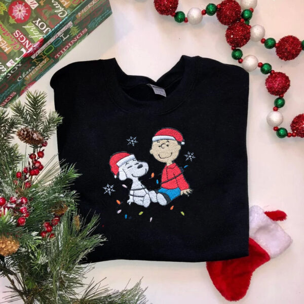 Snoopy Charlie Brown Around Lights Snowflakes Christmas Embroidered Sweatshirt