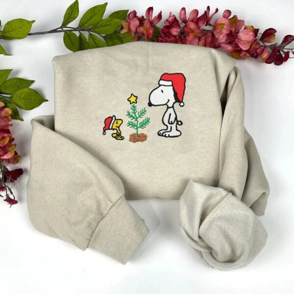 Snoopy Happy With Christmas Tree Embroidered Sweatshirt