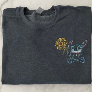 Stitch Grinning Holding Sunflower Embroidered Sweatshirt