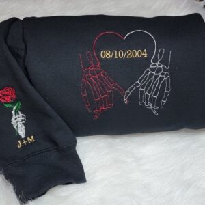 Custom Couples Skeleton Hand by Hand Embroidered Sweatshirt