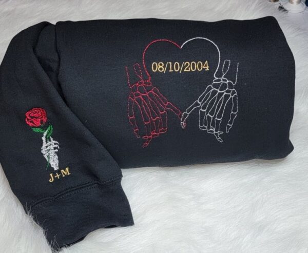 Custom Couples Skeleton Hand by Hand Embroidered Sweatshirt