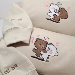 Cute Mocha Milk Bears Valentine Couple Embroidered Sweatshirt