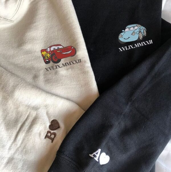 Custom Anniversary Date Cars Mcqueen X Sally & Initial On Sleeve Embroidered Couple Hoodie