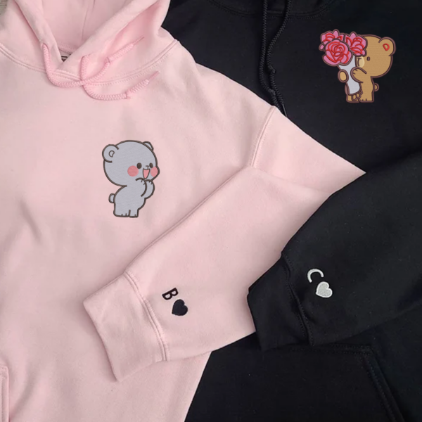 Mocha Milk Couple Bear Embroidered Hoodie