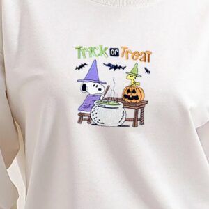 Cute Halloween Pumpkin Snoopy And Woodstock Trick Or Treat Embroidered Sweatshirt